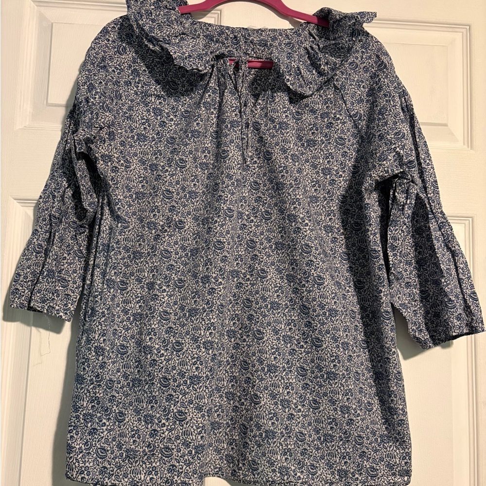 Girls' Blue Floral Ruffle Collar Top